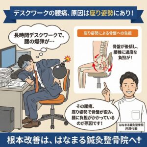 長時間のデスクワークで腰を押さえる会社員と、座り姿勢による骨盤への負担を解説するはなまる鍼灸整骨院の井澤代表