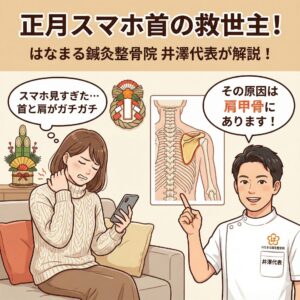 正月休みにスマホを見すぎて首と肩を押さえる女性と、肩甲骨の仕組みを解説するはなまる鍼灸整骨院の井澤代表